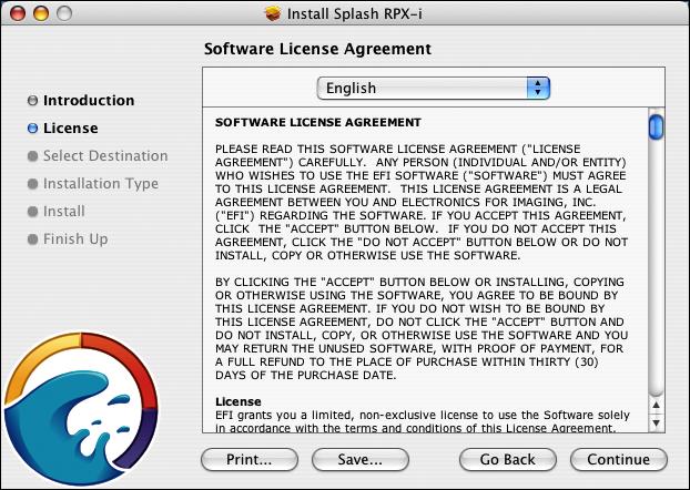 INSTALLING THE SPLASH RPX-I SERVER SOFTWARE 19 5 Click Continue. The Software License Agreement screen appears.