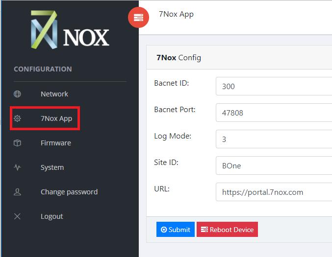 Configure 7NOX App Perform the following steps to configure 7NOX app: 1. Login to your account. 2. Select 7NOX App in the left-menu, as shown in the following image: Note: 3.