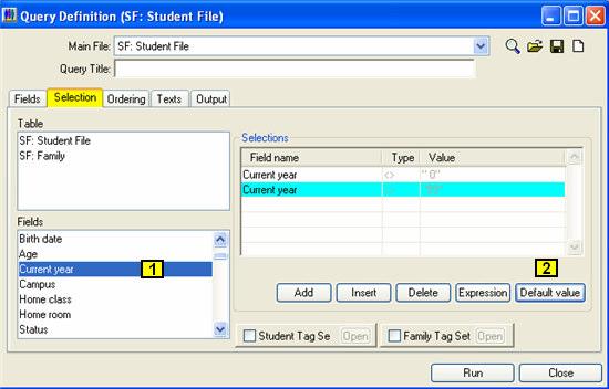 Selection tab. 1. Fields Double Click Current year; Select not equal to. Click Add. Select not equal to. 2.