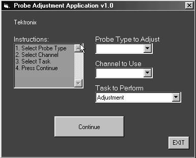 Adjustment Procedures Figure 11: TekConnect probe adjustment application Application Setup 1. Make the following selections: a. Select P7330 in the Probe Type to Adjust list. b.
