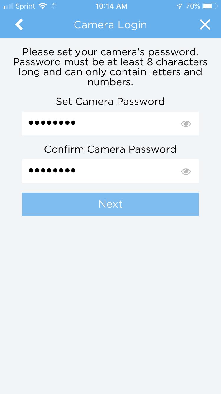 Tap Next to continue. If you are connecting a WiFi device to the cloud and would like to enable WiFi via the Ethernet WiFi Setup Method, tap on Setup Camera WiFi.