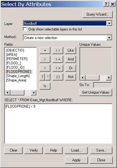a flood prone code of less than nine. To make the selection from the layer depicting land uses, click Selection in the Main Menu and then click Select by Attributes from the drop down menu.
