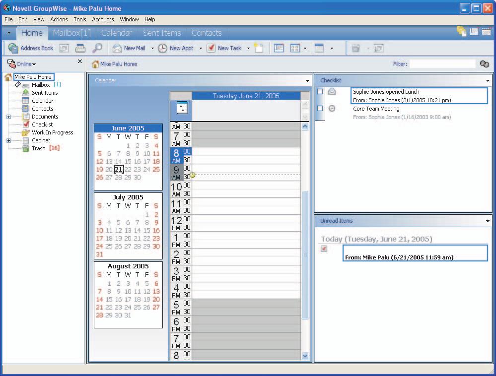 Figure 1-1 GroupWise Work Area Nav Bar Toolbar Folder list Panels 1.3.