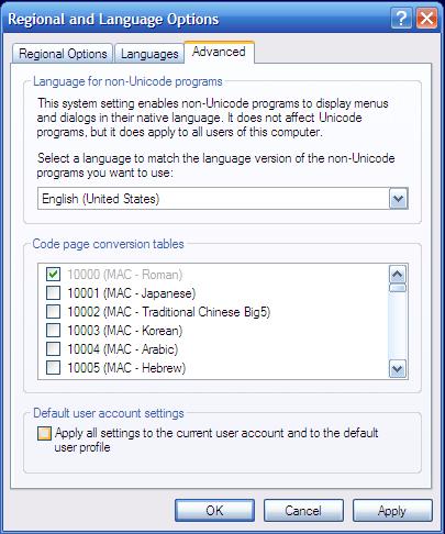 Move to Advanced tab on Regional and Language Options screen.