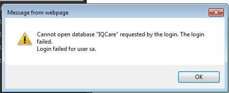 Q: When I login in, I get this database login error for the user sa ; I get Cannot open database requested by login error A: In order for IQCare to communicate with the SQL database, it needs a