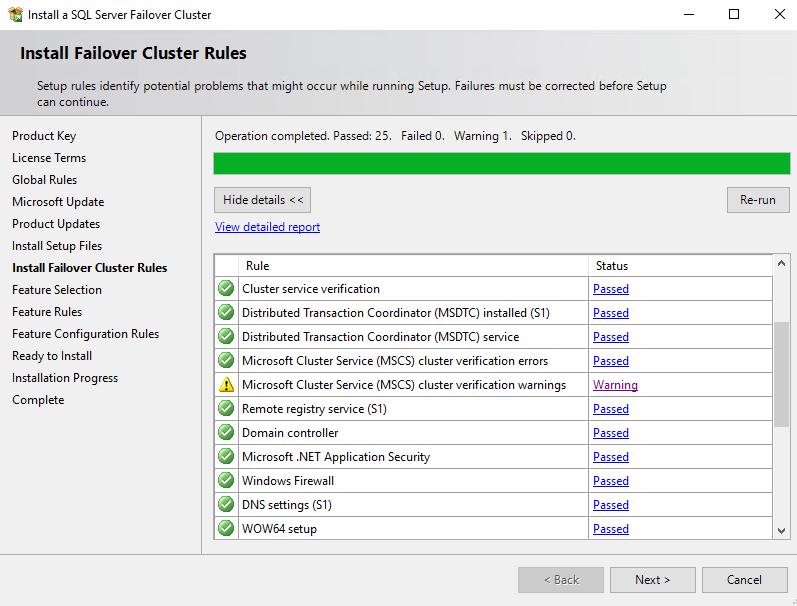 7. The page shows various tests SQL Server Failover Cluster installation does to check the consistency.
