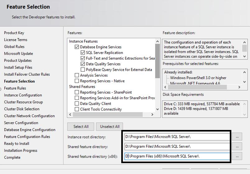 8. Select the features you want to install on the feature selection page.