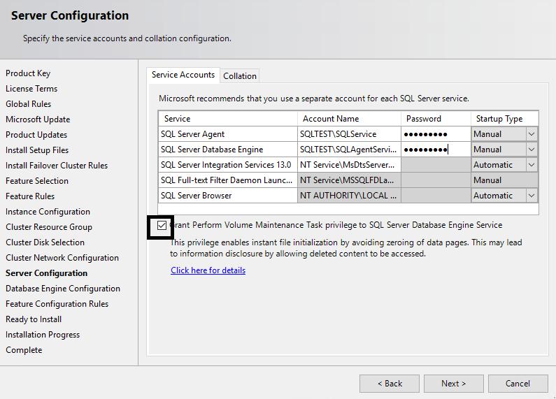 13. Select the Service Account you want to run the SQL Server and Agent Account Name and enter the password.