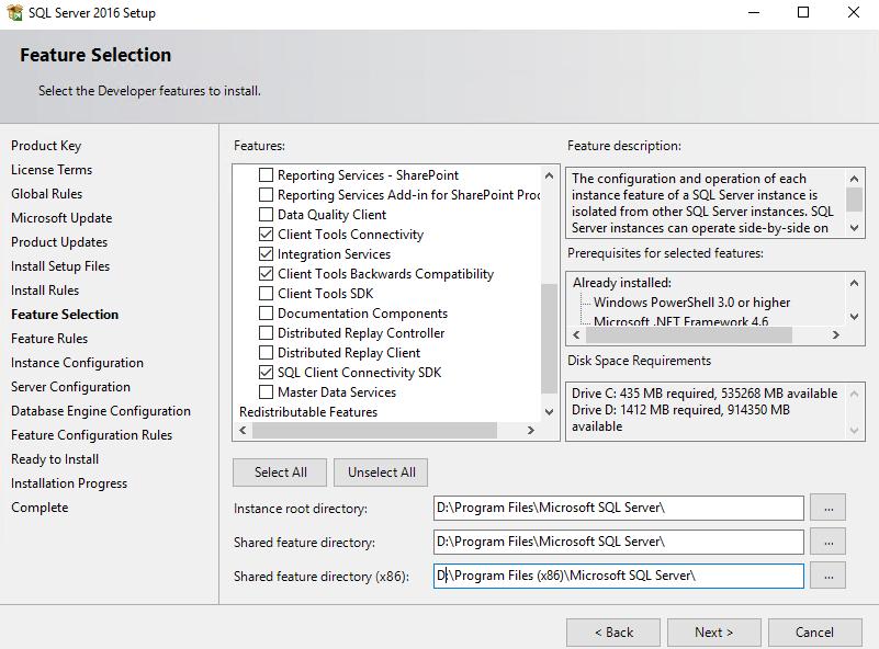 28. Now, on the Feature Selection page, select the same features which you have specified for SQL Server FCI. Select D drive for system databases and files. Click NEXT.
