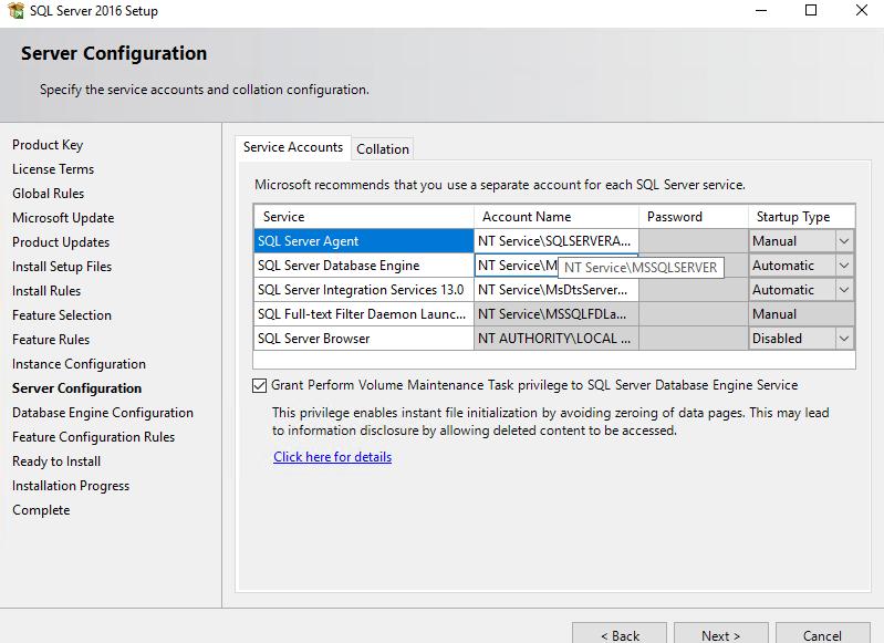 29. On the Server Configuration page, enter the same service accounts which you specified for SQL Server and
