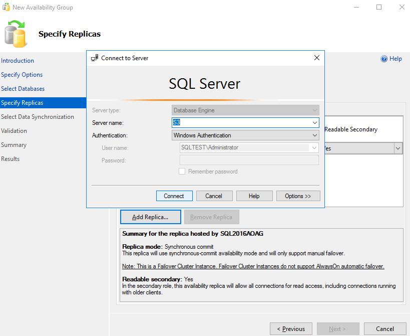 57. Enter the server name of the secondary replica in the SSMS box.