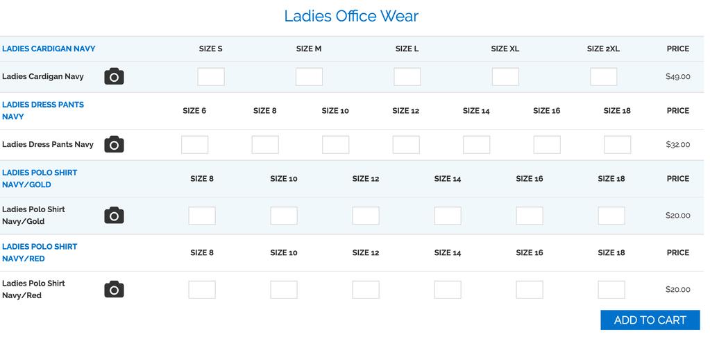 Ladies Office Wear Order Form Example: Please click either the camera icon or on the blue item description for either a photo or a more detailed description of the product.