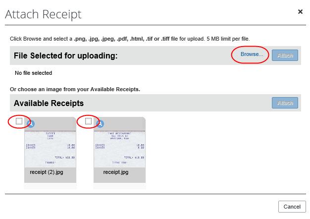 Section 4: View and Modify Report Information The Attach Receipt window appears with the standard options allowing upload, but also includes a subsection of Available Receipts images from which the