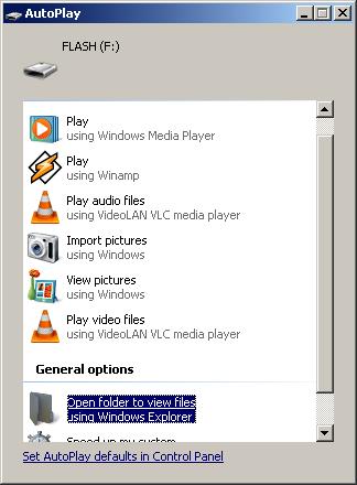 2. Under General Options select Open folder to view files using Windows Explorer. This will open the MP3 player s FLASH drive (F:).