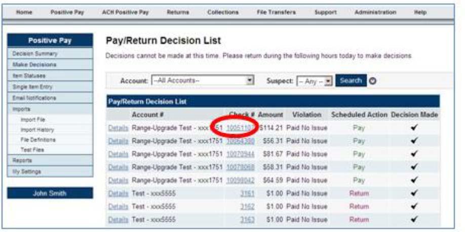 When a decision is made, a check mark appears under the Decision Made column, and the item is moved to