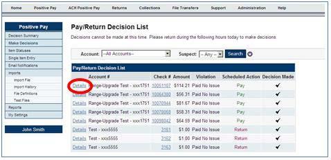 PAY / RETURN DECISION SINGLE ITEM To pay or return a single check, select