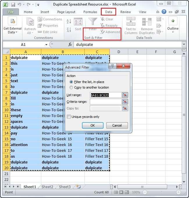 Option 2 Advanced Filtering in Excel The second tool you can use in Excel to Identify and delete duplicates is the Advanced Filter. This method also applies to Excel 2003.
