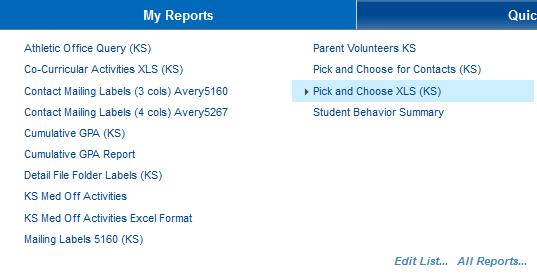 Pick and Choose XLS (KS) Report The Pick and Choose XLS (KS) report allows