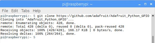 If git is not installed on your Pi, the above command will install it. Next, enter the command: $git clone https://github.com/adafruit/adafruit_python_gpio.