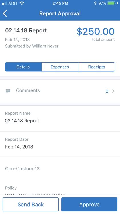 Android / iphone / ipad Updated Approval Process and Approval Details Screen With this release, SAP Concur is introducing improvements to the experience of approving reports - which includes a new