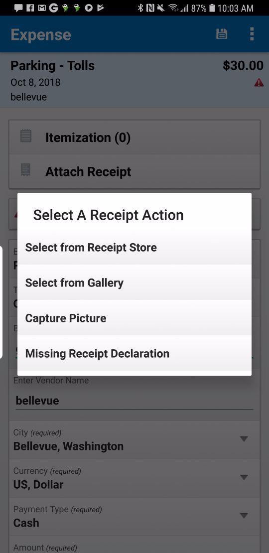 4) Tap the desired expense. 5) On the expense screen, tap Attach Receipt.