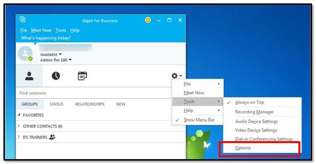 Tools Tools allows you to choose the position of the toolbar within Skype for Business, the Recording Manager, Audio Device Settings, Video Device Settings, Dial-in Conferencing