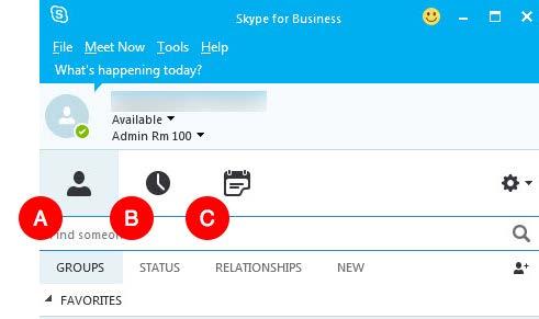 Skype for Business Icons (A) Contacts - Takes you to a list of your contacts within Skype for Business.
