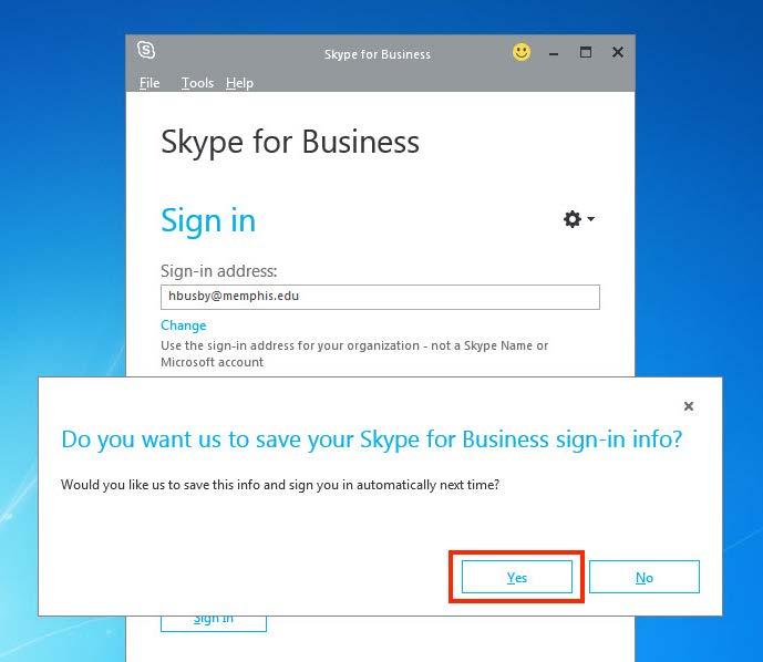 3. If you would like for Skype for Business to remember your password, make sure you place a check in the box beneath the words Save my Password.