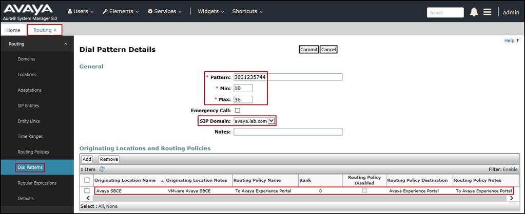 The example in this screen shows the 11-digit dialed numbers for outbound calls, beginning with 1, arriving from the Communication Manager location, will use route policy Avaya SBCE, which sends the