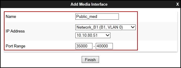Under IP Address, select from the drop-down menus the network and IP address to be associated with this interface. The Port Range was left at the default values of 35000-40000. Click Finish.
