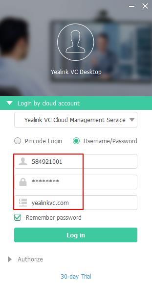 User Guide for the Yealink VC Desktop It is checked by default. 6. Click Log in.