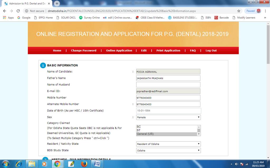 as it is not mandatory) 3) Give your Mobile Number and Alternate Mobile Number 4) Date of Birth should not be entered, as it will be shown from NEET data (as given during NEET exam) 5) Select your