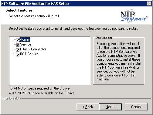 5. In the Select Features dialog box, select the components to be installed on the local machine. The Admin component allows for administration of the NTP Software File Auditor service.
