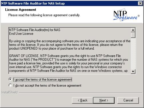 3. In the License Agreement dialog box, read the end-user license agreement. If you agree to the terms, click I accept the terms of the license agreement and then click Next.