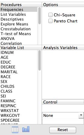Statistical Procedures The Statistical Procedures control panel is used to select the type of analysis and variables. An options box is displayed for each procedure.