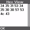 Viewing Stored Data in Hexadecimal Format To view data stored on the HE45T in hexadecimal format: 1. Begin at the Ready screen, as shown in Figure 3 6. 2. Select Options. 3. Press the down arrow to highlight View storage.