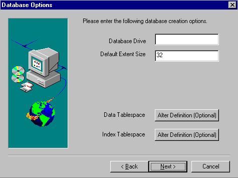 To istall BAAN IV for DB2 Uiversal Database 14 The Database Defiitio Optios dialog box is displayed. Figure 14, Database optios Select a disk drive where that database will be created.