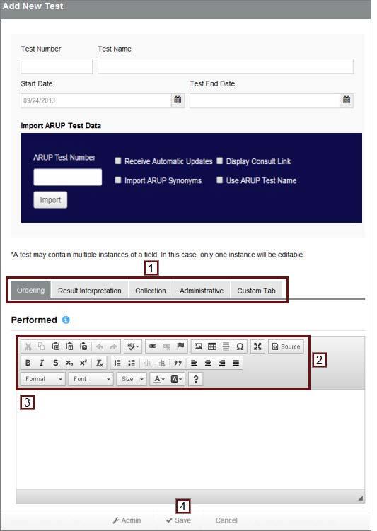 Test Details Tabs Editing Tool Field entry box.