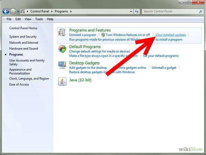 d. Once Programs window loads, click on View installed updates. e.