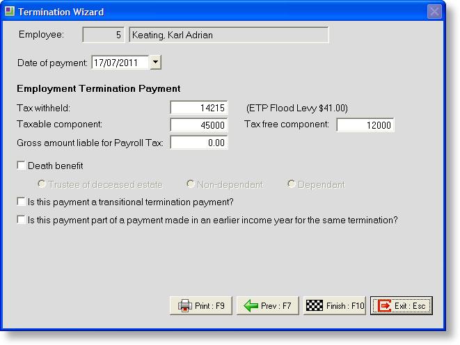 New Features A Flood Levy amount also appears on the Termination Wizard when displaying an employee s Employment Termination Payment: This value is an automatically-calculated informational field