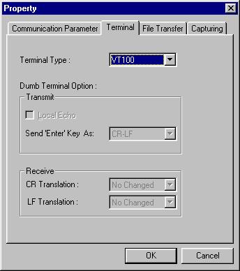 Click on the Terminal tab, and select VT100 for Terminal Type. Click on OK to continue. 5. Type 1 to select ansi/vt100 terminal type, and then press Enter. 6.