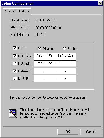 EDS Configurator GUI 3. The Setup Configuration window will be displayed, with a special note attached at the bottom. Parameters that have been changed will be activated with a checkmark.