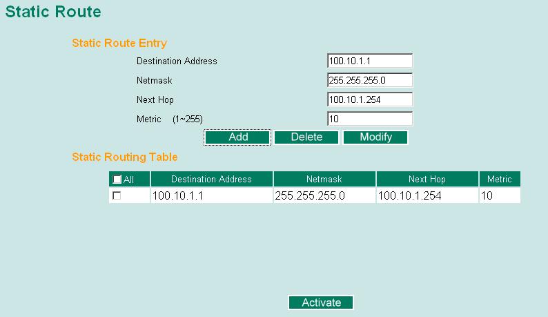 Static Route The Static Route page is used to set up the static routing table for the EDS-828. Static Route Entry Destination Address You can specify the destination s IP address.