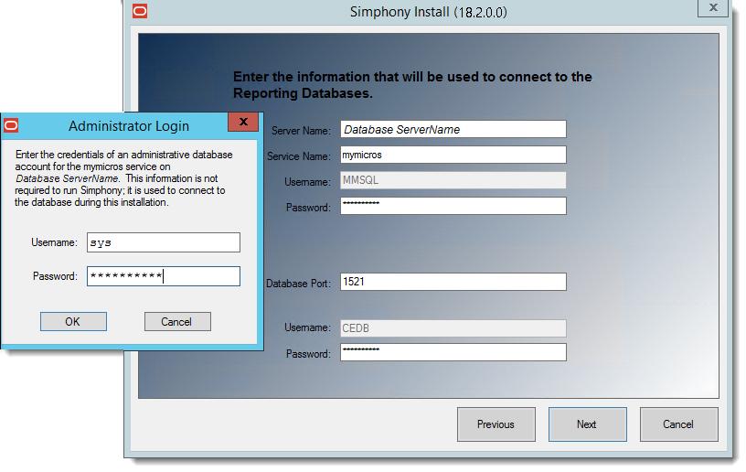 Upgrading Prior to the Simphony 18.2 Release Figure 1-5 Simphony Install Reporting Database Connection 15.