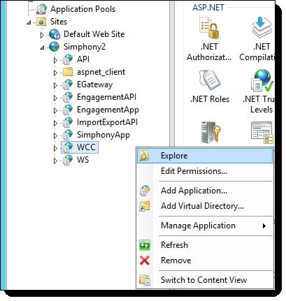 Chapter 2 Post Install Steps for Engagement on Load Balanced Simphony Servers Figure 2-2 IIS Simphony2 Web Site WCC Application 8. Open the WCC Web.config file using a text editor. 9.