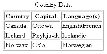 <table border=1> <caption>country Data</caption> <tr> <th>country</th> <th>capital</th> <th>language(s)</th> </tr> <tr> <td>canada</td> <td>ottowa</td>