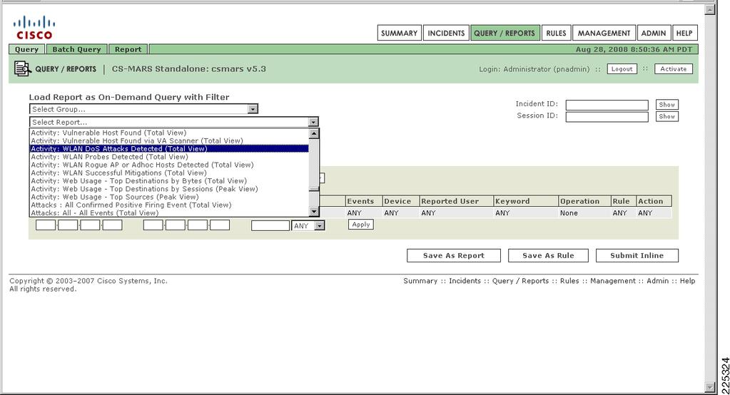 CS-MARS for Cisco Unified Wireless Features Running a Query on WLAN Events To run a query on particular WLAN-specific events: Step 1 Step 2 Navigate to QUERY/REPORTS.