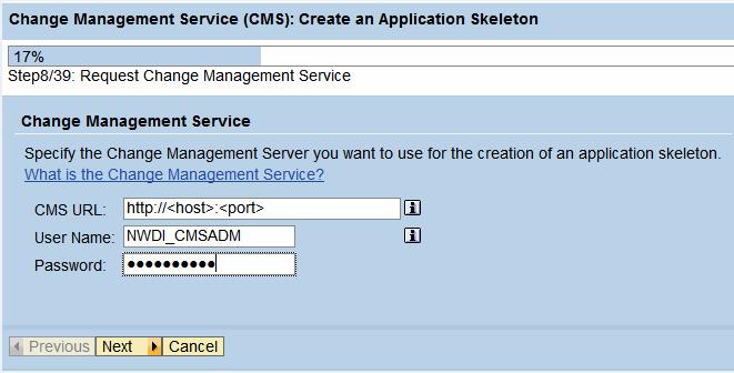 6. Enter the CMS URL of your NWDI server, the NWDI_CMSADM user ID and the password. Choose Next. 7.