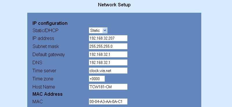 For IP configuration and MAC address section, following parameters can be changed: IP configuration IP Address can be static or dynamic (DHCP server should be present in the network); IP address,