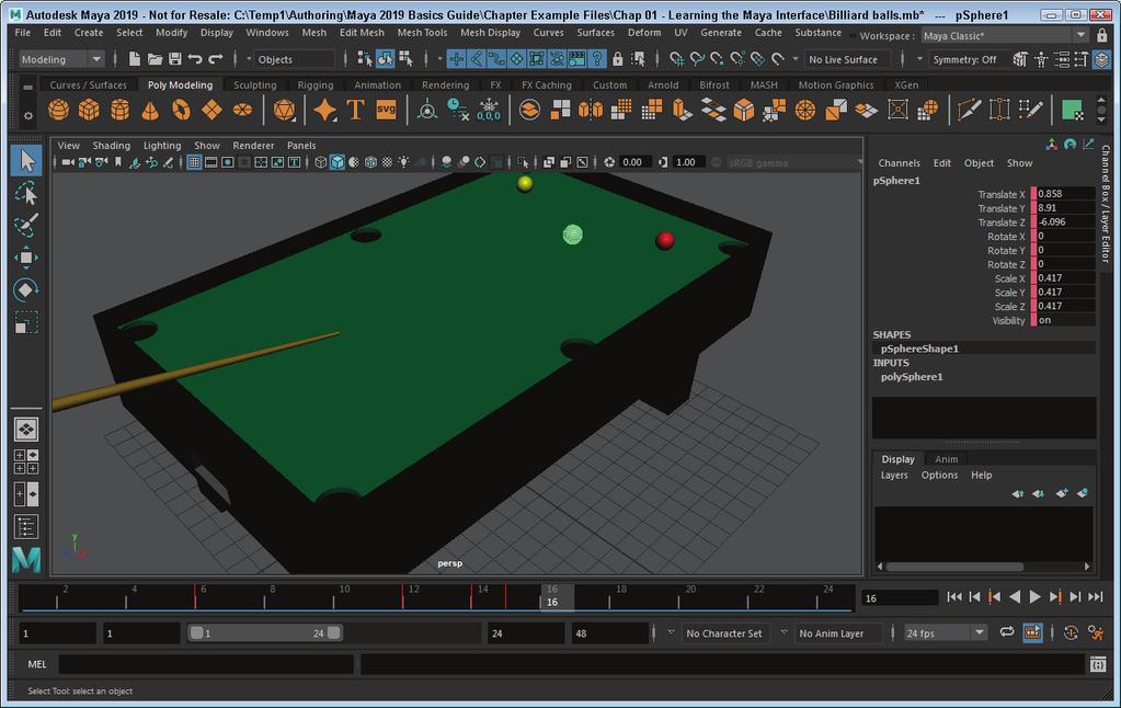Autodesk Maya 2019 Basics Guide FIGURE 1-33 Animated billiard table 3. Click the Play Forwards button. The entire animation sequence will play over and over. 4.